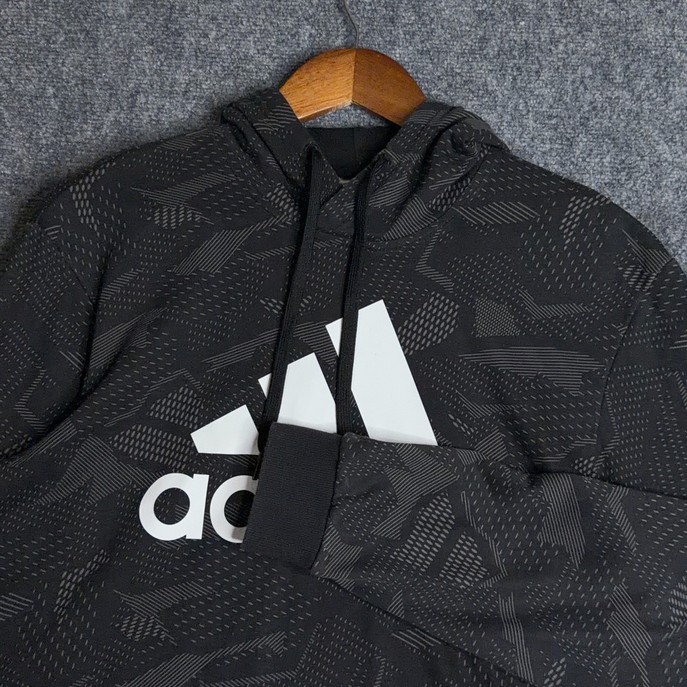 Adidas Hoodie Mens Medium Black Grey Geometric Graphic Pullover Sweatshirt Logo